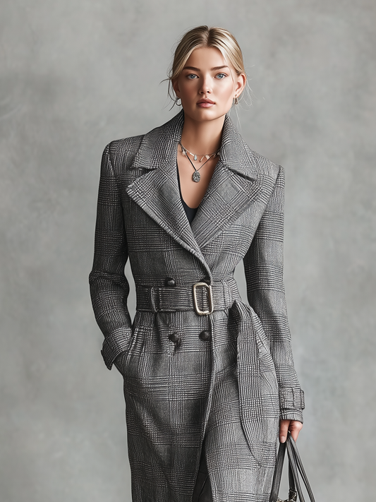 Abrigo largo de mujer con cinturón y estampado de cuadros galeses, solapas, modelo MDA2108J1Y