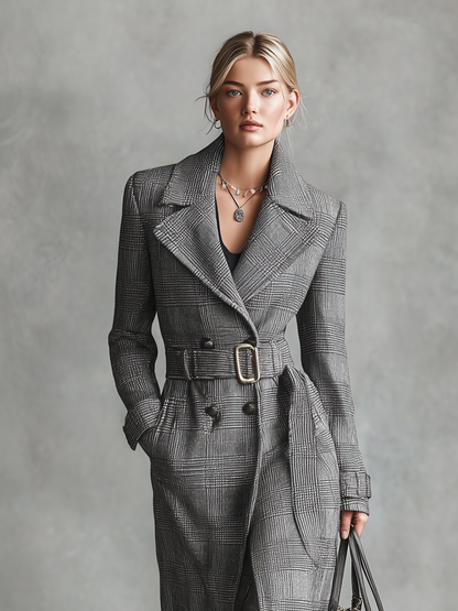 Abrigo largo de mujer con cinturón y estampado de cuadros galeses, solapas, modelo MDA2108J1Y