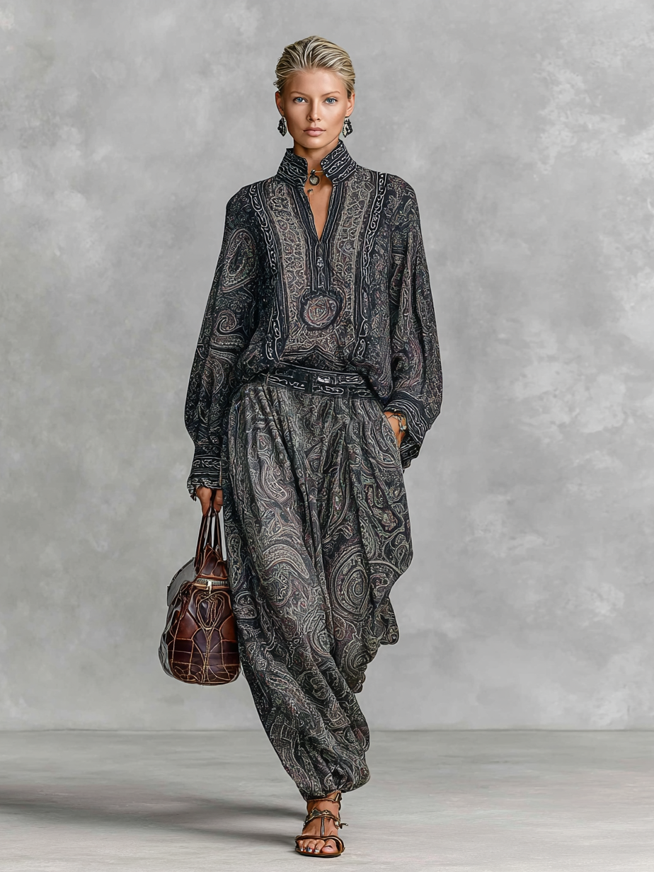 Conjunto de dos piezas para mujer, camisa de manga larga con cuello alto y estampado cachemira vintage, pantalones