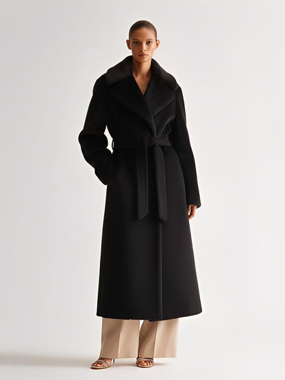 Abrigo de mujer negro de lana con cuello amplio y cinturón de atar, estilo minimalista elegante MDA2342J8I