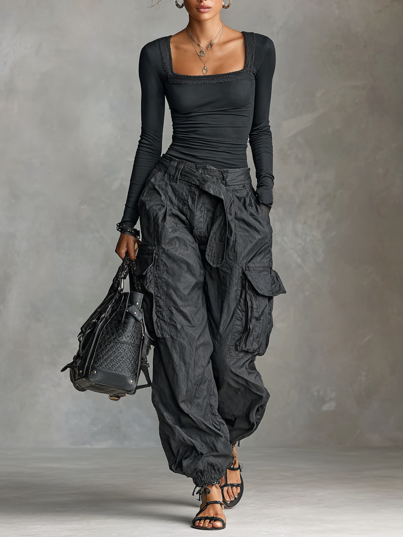 Conjunto de dos piezas para mujer: camiseta de manga larga con cuello cuadrado y pantalones cargo de múltiples bolsillos MDA2588G0Y