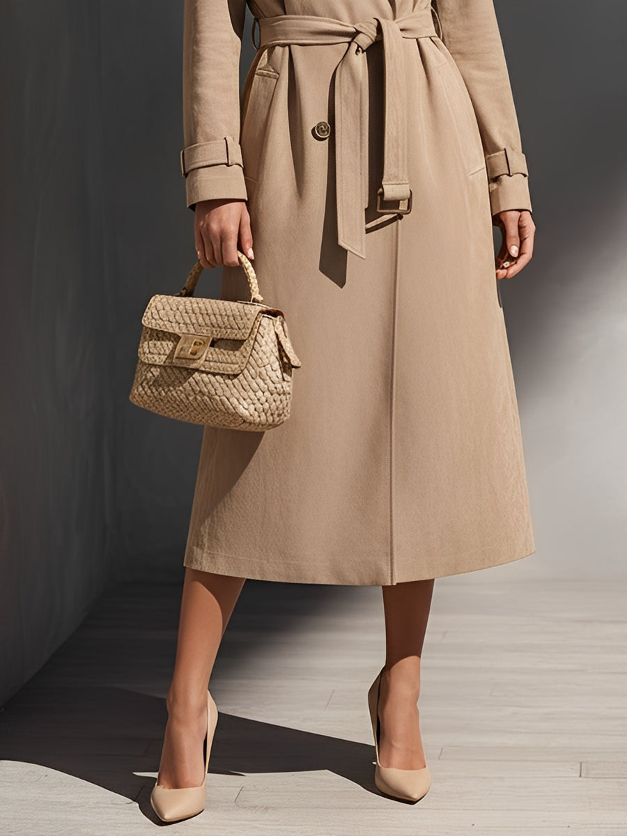 Abrigo Trench Sastre Beige para Mujer con Estilo Abotonado Dual y Cinturón en la Cintura, Elegancia Atemporal MDA2291J1I