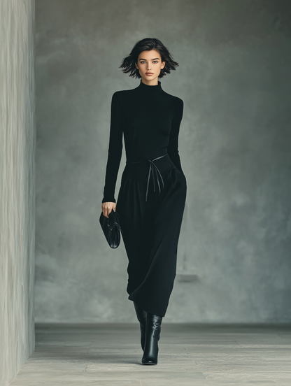 Conjunto de blusa negra para mujer de punto de gran elasticidad y falda de algodón mezclado MDA2450J4T