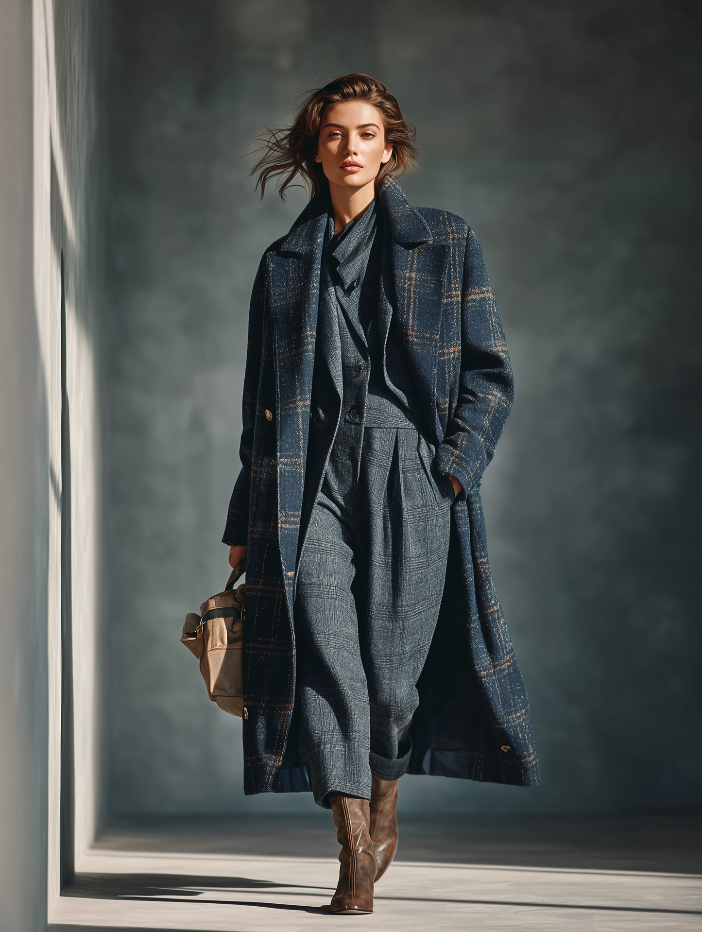 Abrigo de mujer a cuadros en lana con mezcla de color azul MDA2027J8T