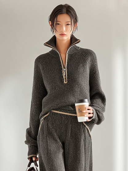 Conjunto de suéter de media cremallera y cuello alto minimalista y suelto para mujer con pantalones de pierna ancha MDA2528I8Y
