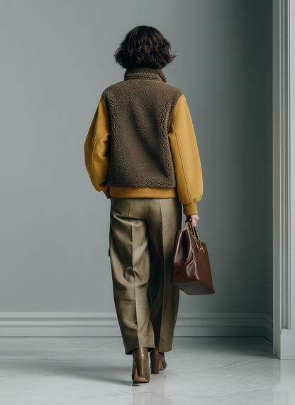 Chaqueta para mujer de ante sintético marrón oscuro y mostaza con cuello alto Sherpa MDA1703J8T