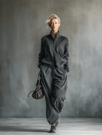 Conjunto de chaqueta deportiva casual de pana gris oscuro para mujer y pantalones rectos MDA2158J2T