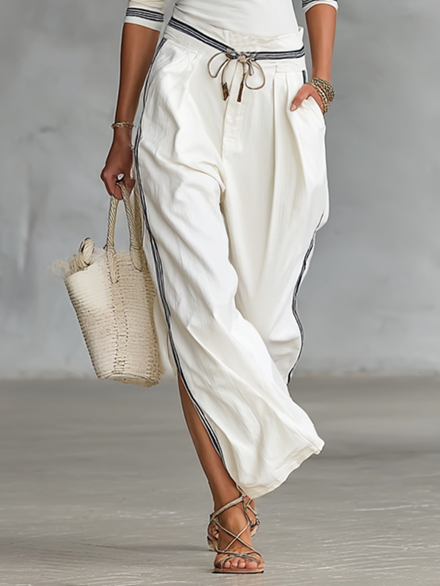 Conjunto de dos piezas de camiseta de manga larga de media altura para mujer y pantalones de pierna ancha con cordón MDA2569G9Y