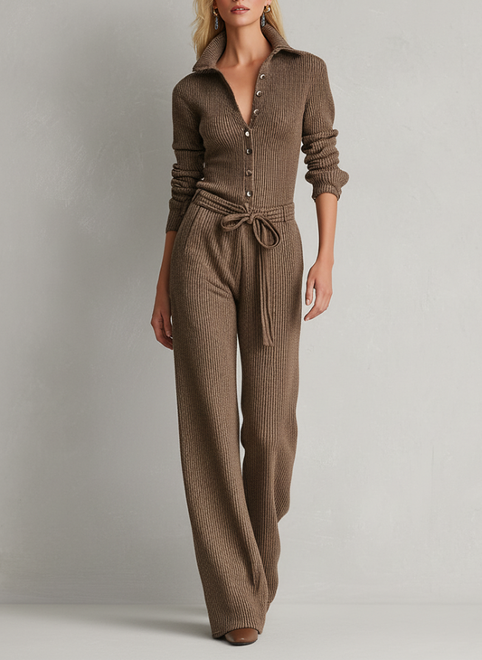 Mono recto minimalista de punto para mujer con botón en la solapa y cinturón ajustable MDA2019J4Y