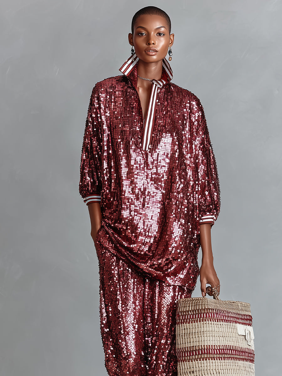 Conjunto de ropa de descanso para mujer, burdeos glamoroso con lentejuelas a rayas, con borde, talla grande MDA3059I3I