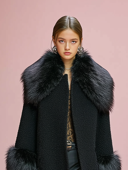 Abrigo de damasco con puños y solapa de mezcla de lana, costuras decorativas y adorno de felpa desmontable MDA1029J2Y