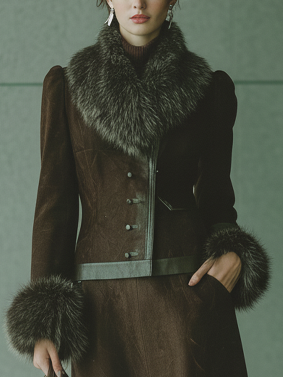 Chaqueta ajustada cómoda con cuello de ante sintético marrón oscuro para mujer MDA2004J5T