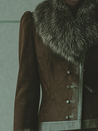 Chaqueta ajustada cómoda con cuello de ante sintético marrón oscuro para mujer MDA2004J5T