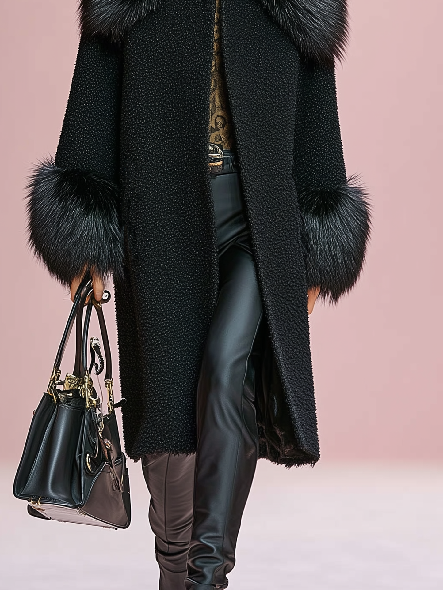 Abrigo de damasco con puños y solapa de mezcla de lana, costuras decorativas y adorno de felpa desmontable MDA1029J2Y