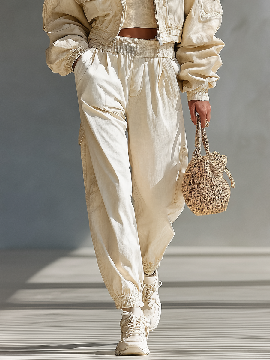 Conjunto de chamarra y pantalones casuales para mujer de mezcla de algodón color blanco roto MDA2132J2T