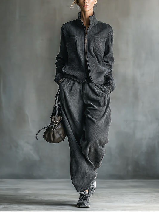 Conjunto de chaqueta deportiva casual de pana gris oscuro para mujer y pantalones rectos MDA2158J2T