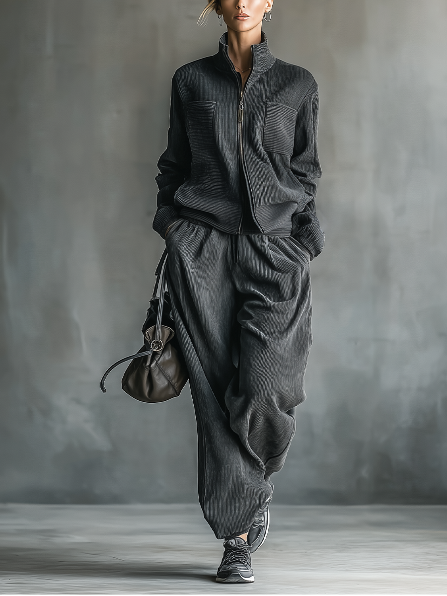 Conjunto de chaqueta deportiva casual de pana gris oscuro para mujer y pantalones rectos MDA2158J2T