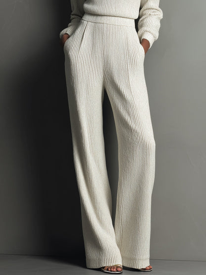Conjunto de Pantalones de Pierna Ancha de Punto Rib Elegante en Marfil para Mujer MDA2157J4I