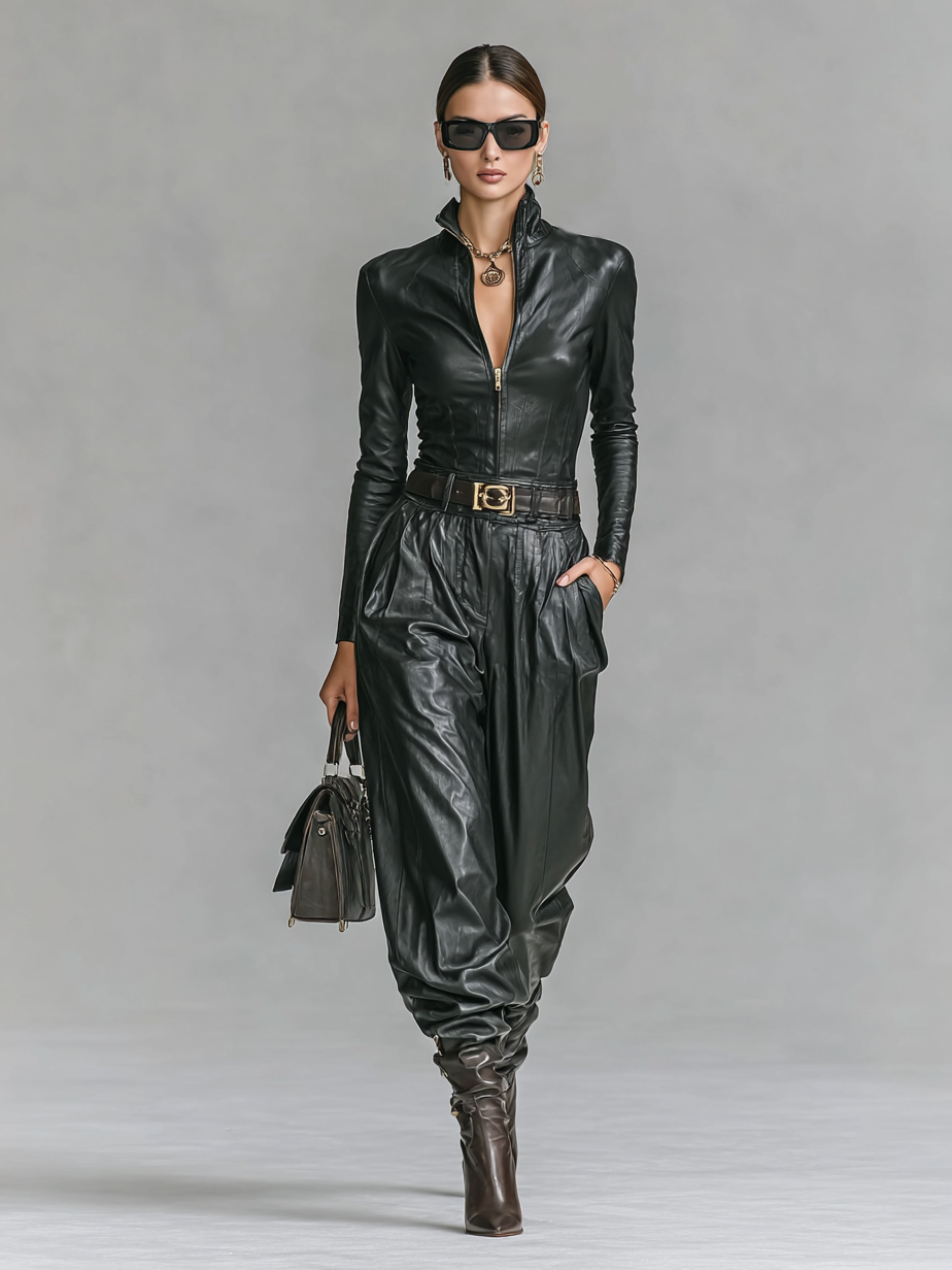 Conjunto de Blusa y Pantalón de Cuero Sintético para Mujer de Ajuste Estrecho con Cremallera y Cuello Standing (Sin Cinturón) MDA2743H0Y