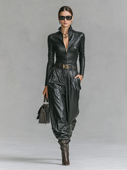 Conjunto de Blusa y Pantalón de Cuero Sintético para Mujer de Ajuste Estrecho con Cremallera y Cuello Standing (Sin Cinturón) MDA2743H0Y