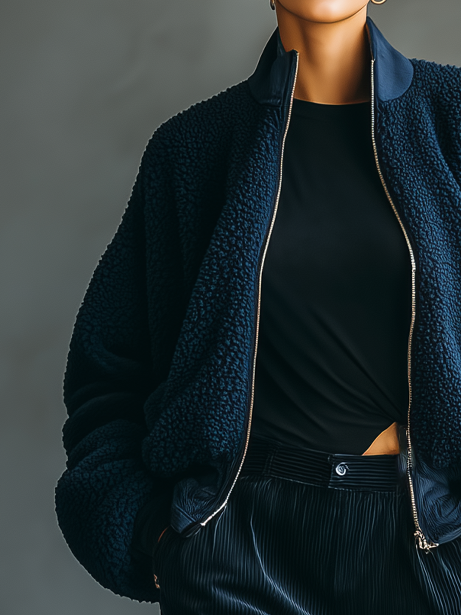 Chaqueta Casual Cómoda para Mujeres de Piel de Cordero Azul Oscuro MDA2140J1T