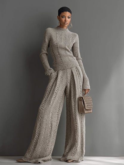 Conjunto de Suéter Texturizado Elegante en Color Topo para Mujer y Pantalones de Pierna Ancha MDA1453H6I
