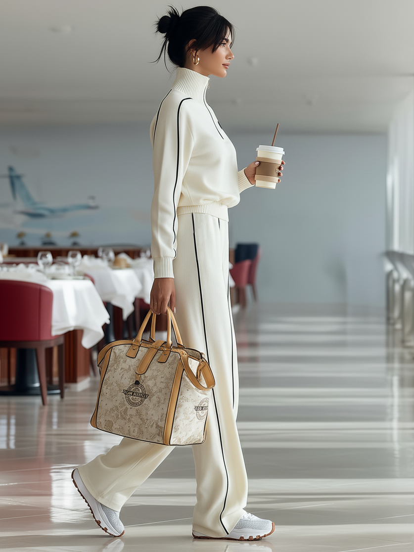 Conjunto deportivo casual para mujer con cuello medio de cremallera y ribete negro MDA2436I5Y