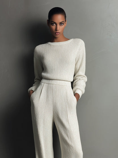 Conjunto de Pantalones de Pierna Ancha de Punto Rib Elegante en Marfil para Mujer MDA2157J4I
