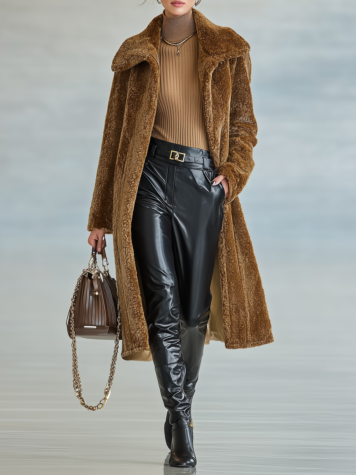 Abrigo de longitud media de felpa mezcla para mujer con solapa y sin botones MDA1075J2Y