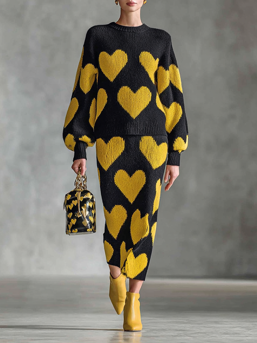 Conjunto de sudadera y falda de punto con corazón jacquard de mujer con cuello redondo MDA1599J8Y