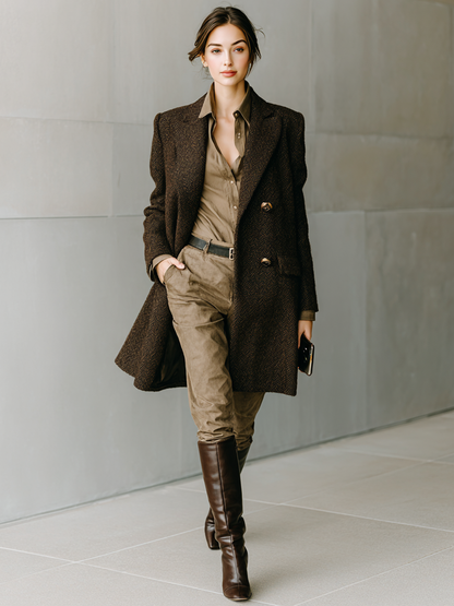 Abrigo largo de mujer de lana en mezcla con rayas minimalista de espina de pescado con doble botonadura MDA1887I7Y