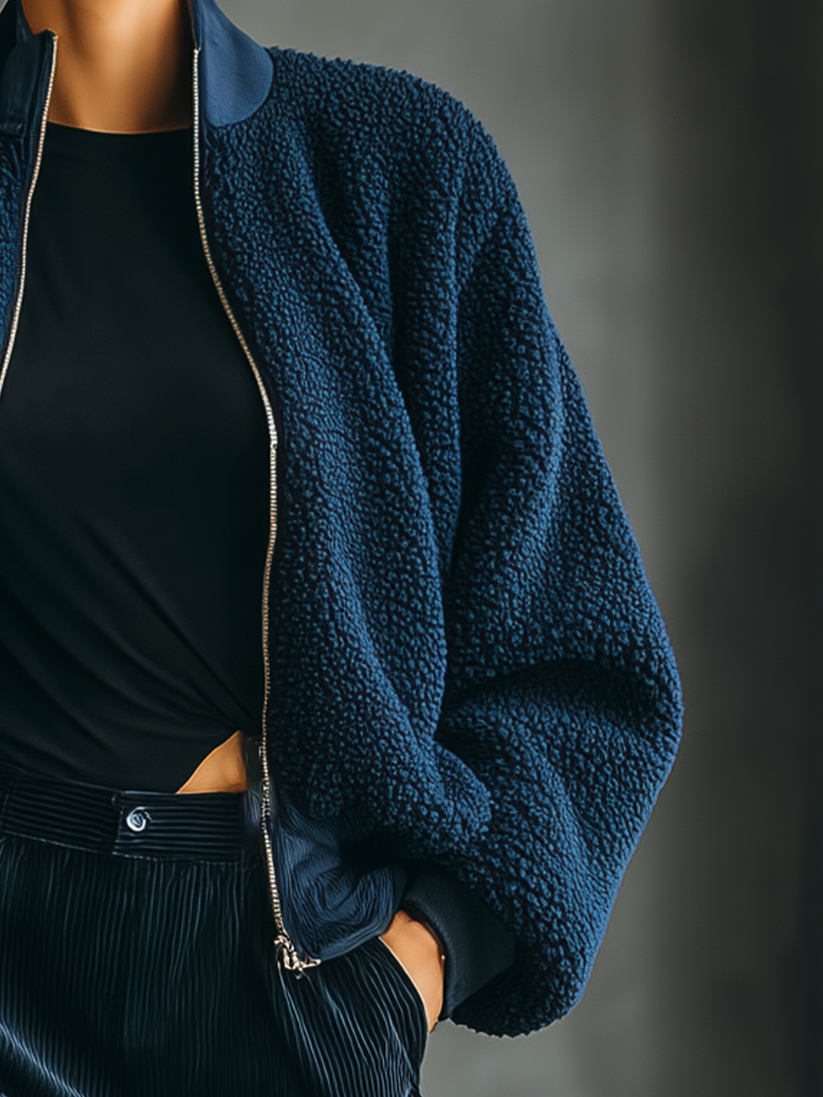 Chaqueta Casual Cómoda para Mujeres de Piel de Cordero Azul Oscuro MDA2140J1T