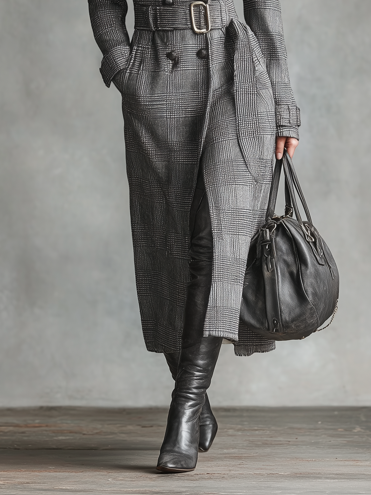 Abrigo largo de mujer con cinturón y estampado de cuadros galeses, solapas, modelo MDA2108J1Y