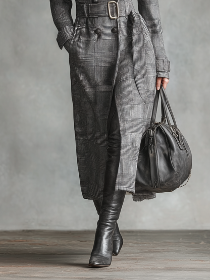 Abrigo largo de mujer con cinturón y estampado de cuadros galeses, solapas, modelo MDA2108J1Y