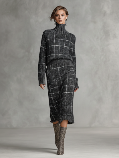 Conjunto de falda y suéter de cuello alto tejido minimalista de cuadro jacquard para mujer MDA1682J4Y
