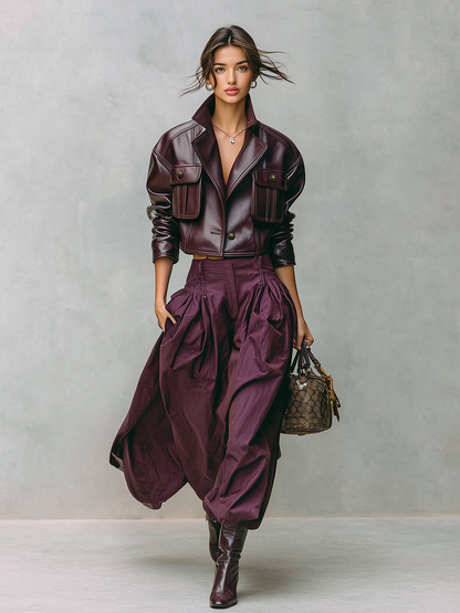 Chaqueta de mujer suelta de doble pecho con bolsillo y botón en PU sintético MDA1666I2Y