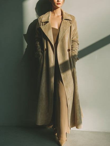 Abrigo de Dama Beige Elegante de Ante Con Doble Botonadura MDA2096J2I