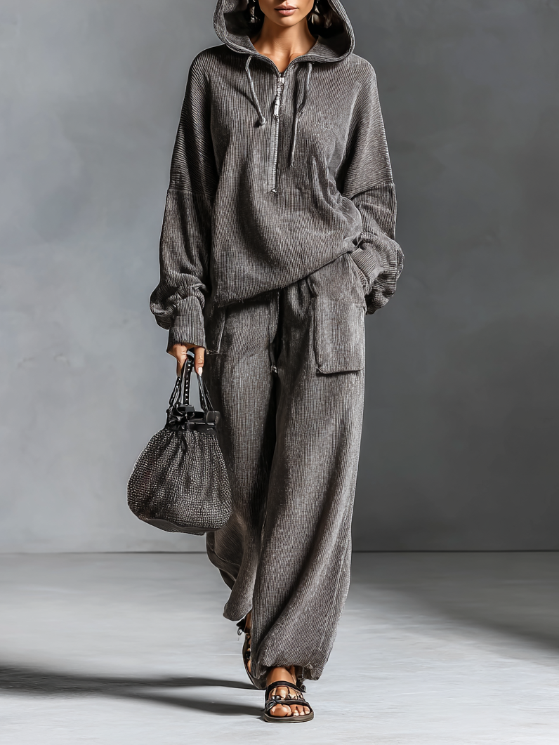 Conjunto de sudadera con capucha de pana casual para mujer y pantalones rectos MDA1964H5Y