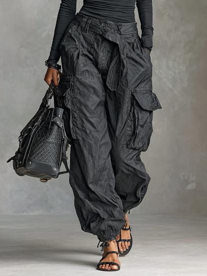 Conjunto de dos piezas para mujer: camiseta de manga larga con cuello cuadrado y pantalones cargo de múltiples bolsillos MDA2588G0Y