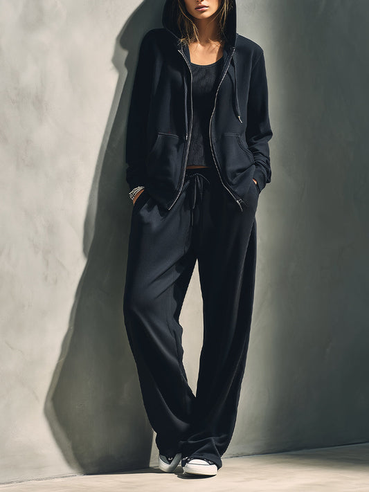 Conjunto de loungewear de gran tamaño para mujer en mezcla de algodón negro con sudadera con capucha y pantalones con cordón, conjunto deportivo sin esfuerzo MDA2498J3I