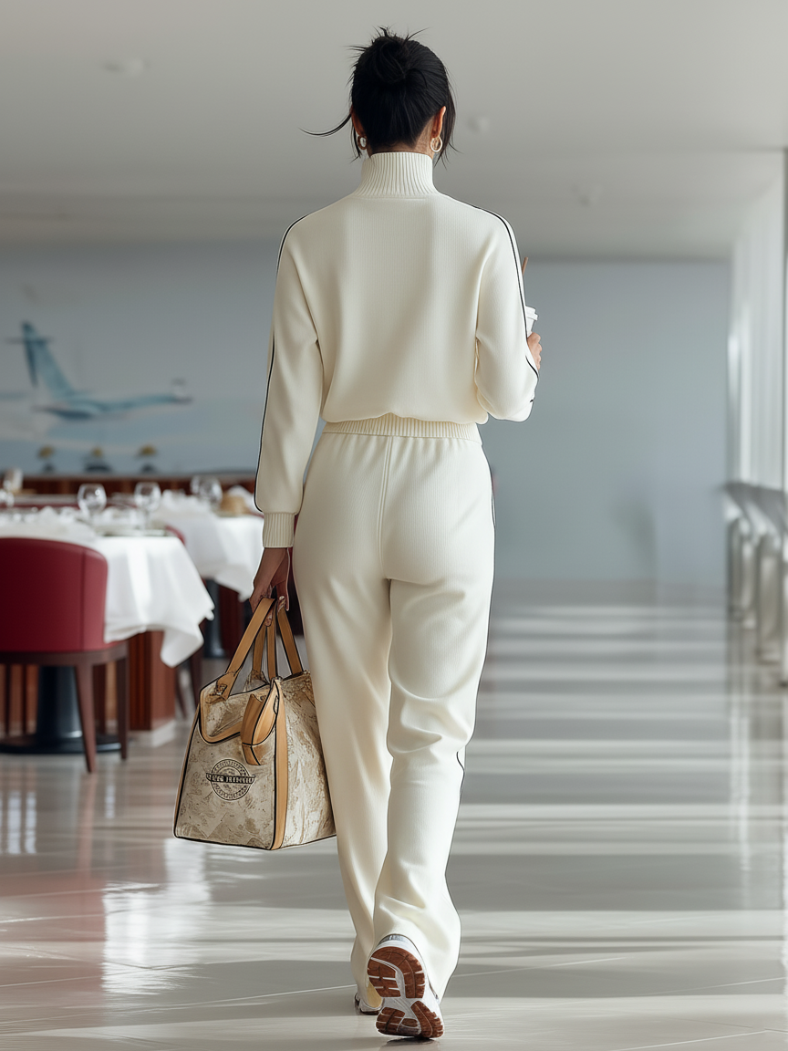 Conjunto deportivo casual para mujer con cuello medio de cremallera y ribete negro MDA2436I5Y