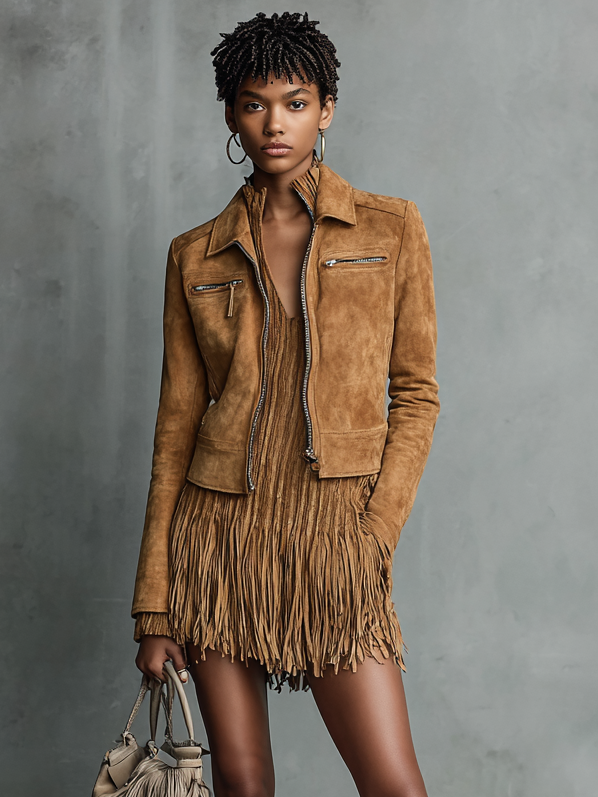 Chaqueta de cuero cortada para mujer con cuello de solapa y cremallera MDA2545H7Y