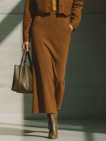 Conjunto de chaqueta corta de ante sintético color caramelo para mujer y falda de tiro alto MDA1649J2T