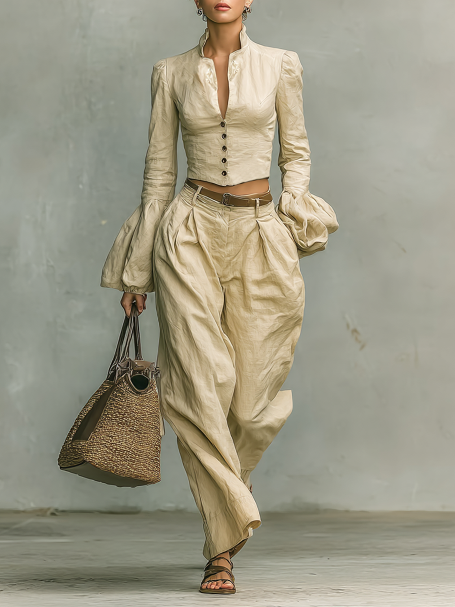 Conjunto de dos piezas de mujer con camisa de manga larga estilo retro de lino con cuello elevado y pantalones