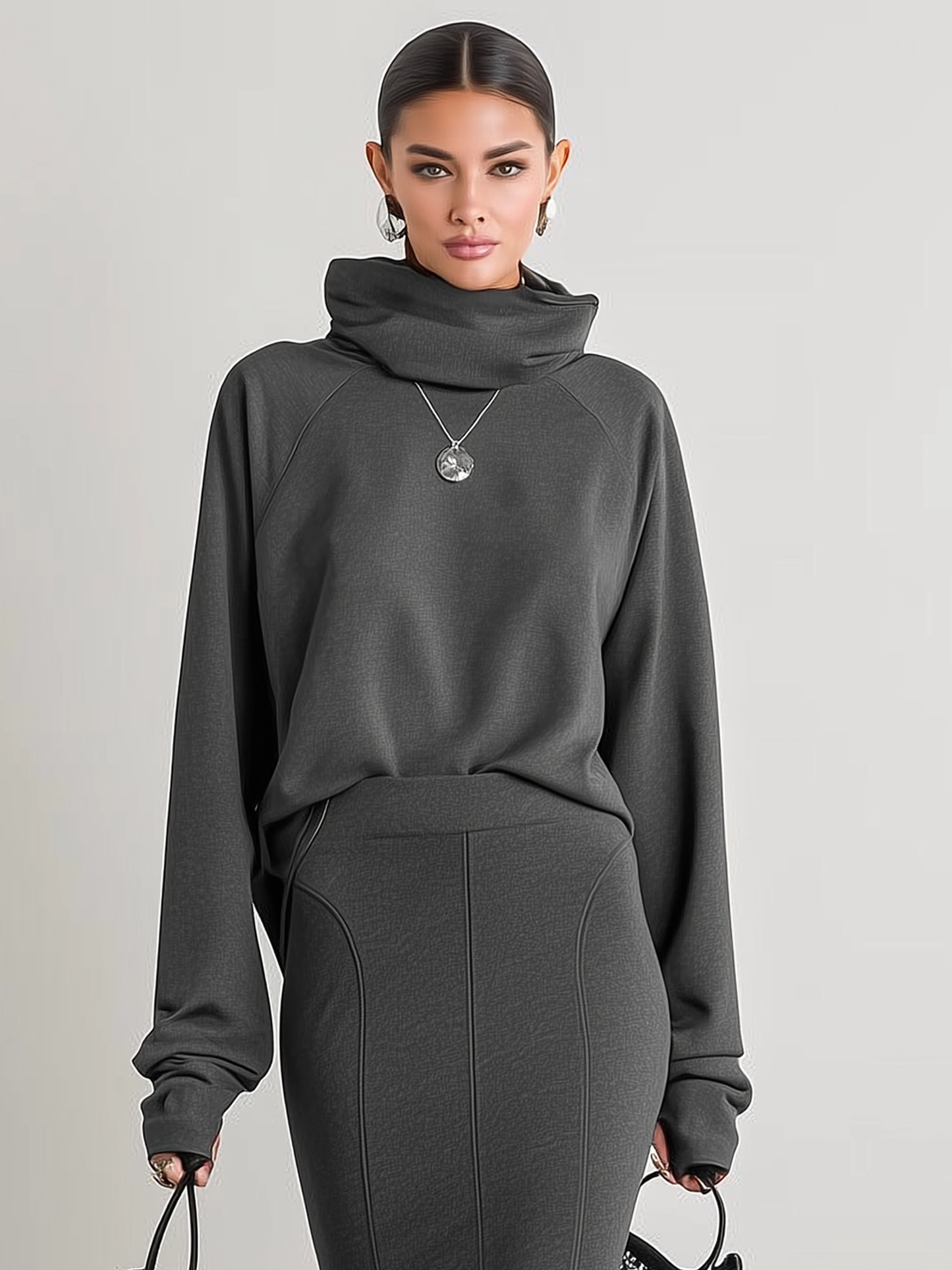 Conjunto de sudadera de manga larga con cuello medio para mujer, falda con cola de pez ajustada a la cadera MDA1136J6Y