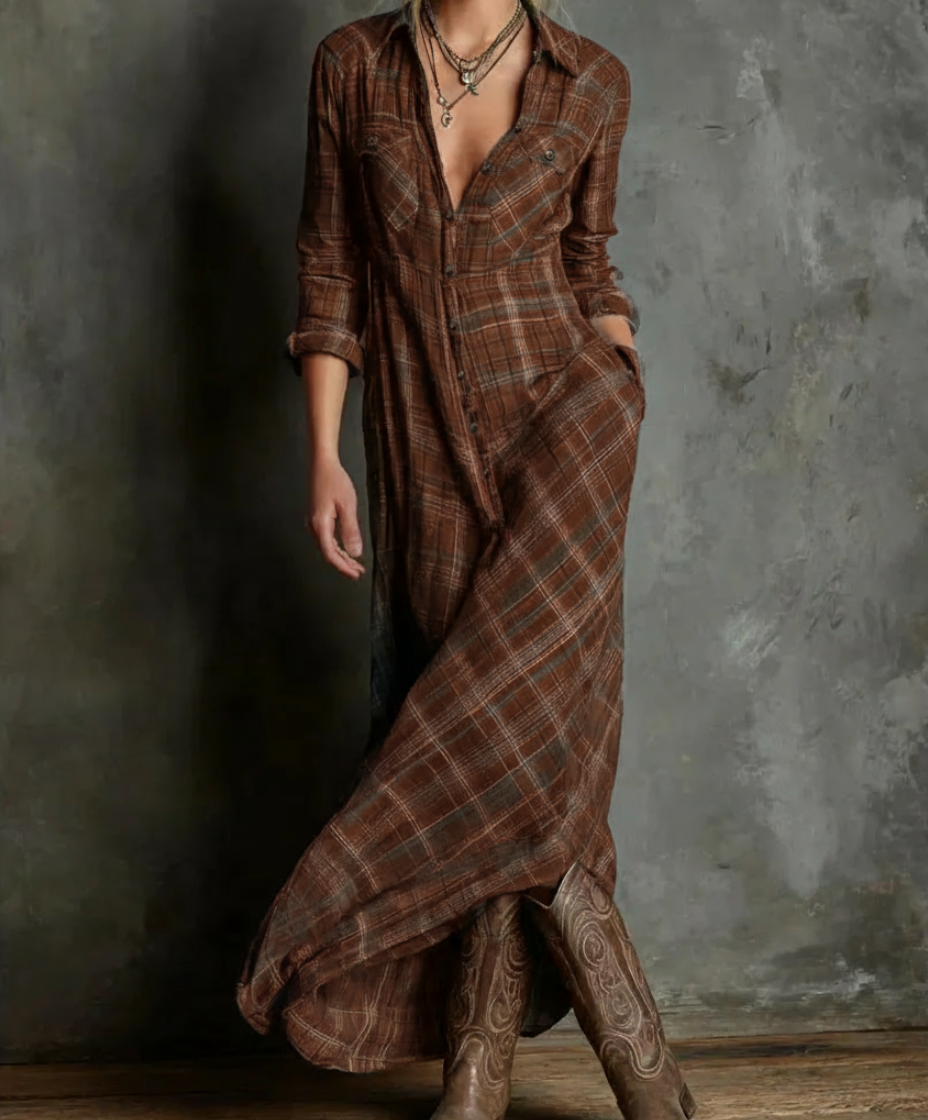 Karina| Vestido largo a cuadros marrón