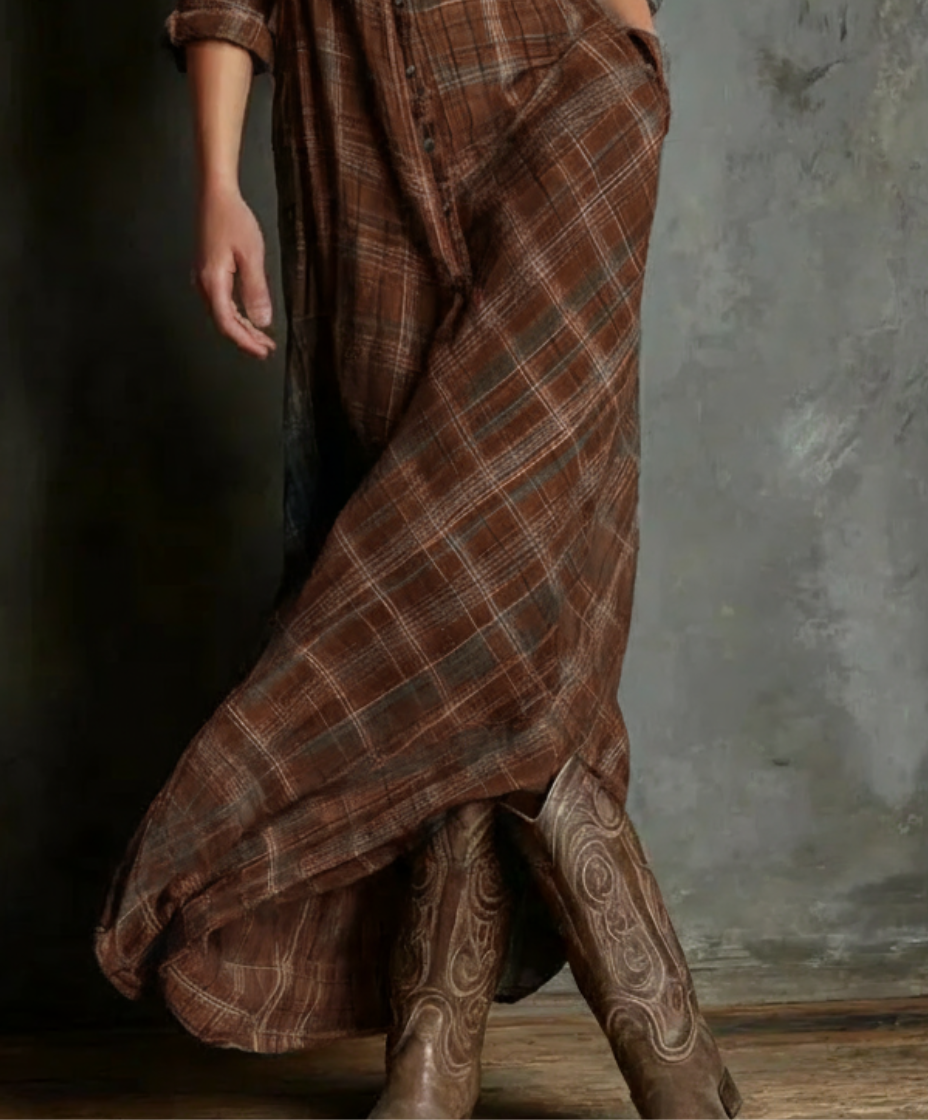 Karina| Vestido largo a cuadros marrón