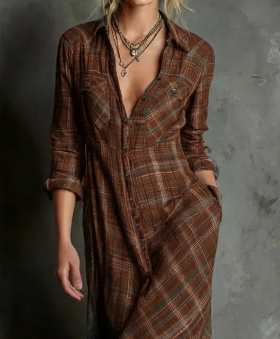 Karina| Vestido largo a cuadros marrón