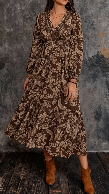 Alicia| Vestido bohemio con cuello en V de encaje estampado floral