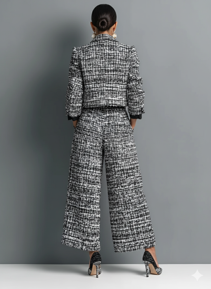 Conjunto de chaqueta corta de mezcla de tweed de mujer con solo botón y pantalones de pierna ancha MDA2589H6Y